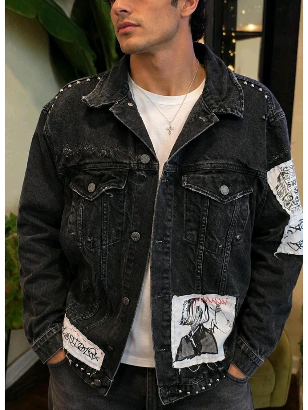 Zara Denim  Jacket Men’s XL Black Distressed  Ripped With White Patches